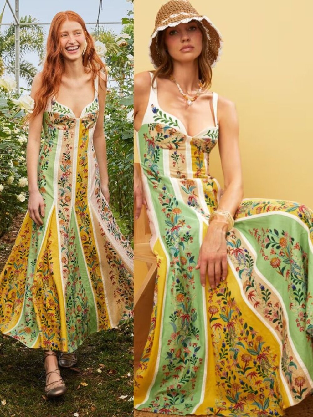 Farm Rio Delicate Floral Stripes Dress Green Yellow Sleeveless Maxi NWT Size S